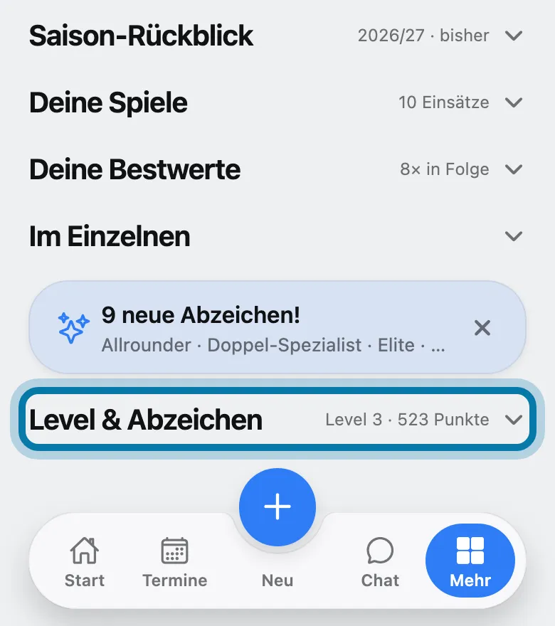 Tippe auf Level & Abzeichen.