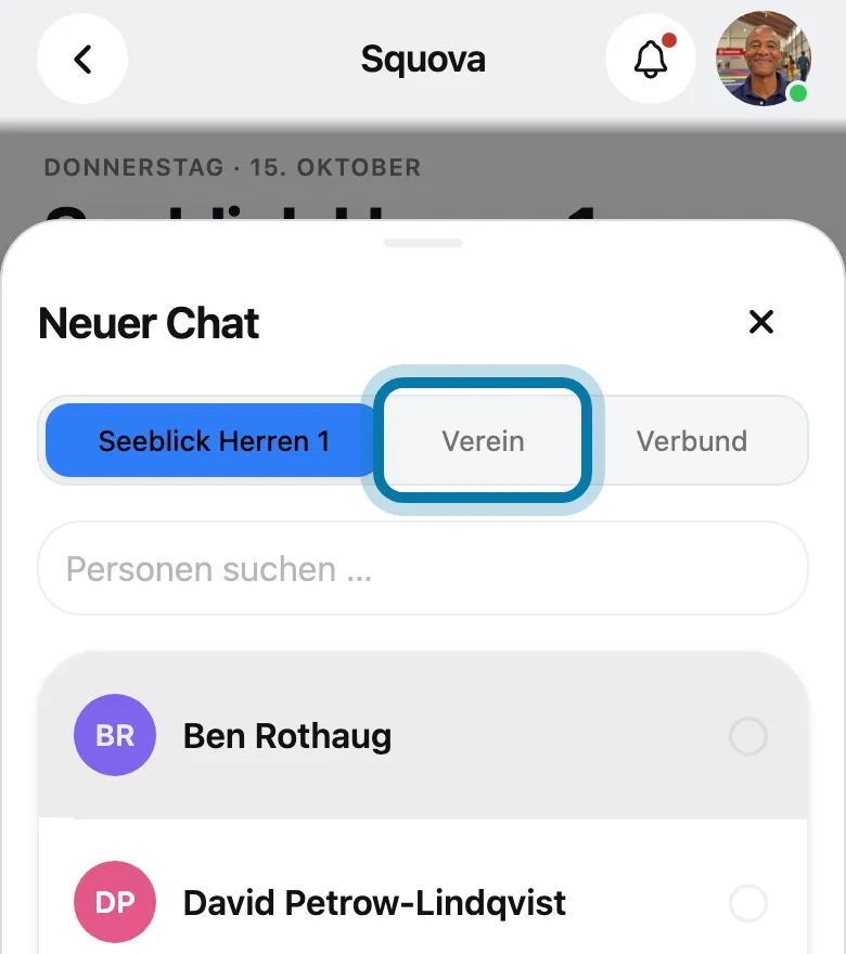 Tippe oben auf Verein, für Leute aus einem verbundenen Team auf Verbund.