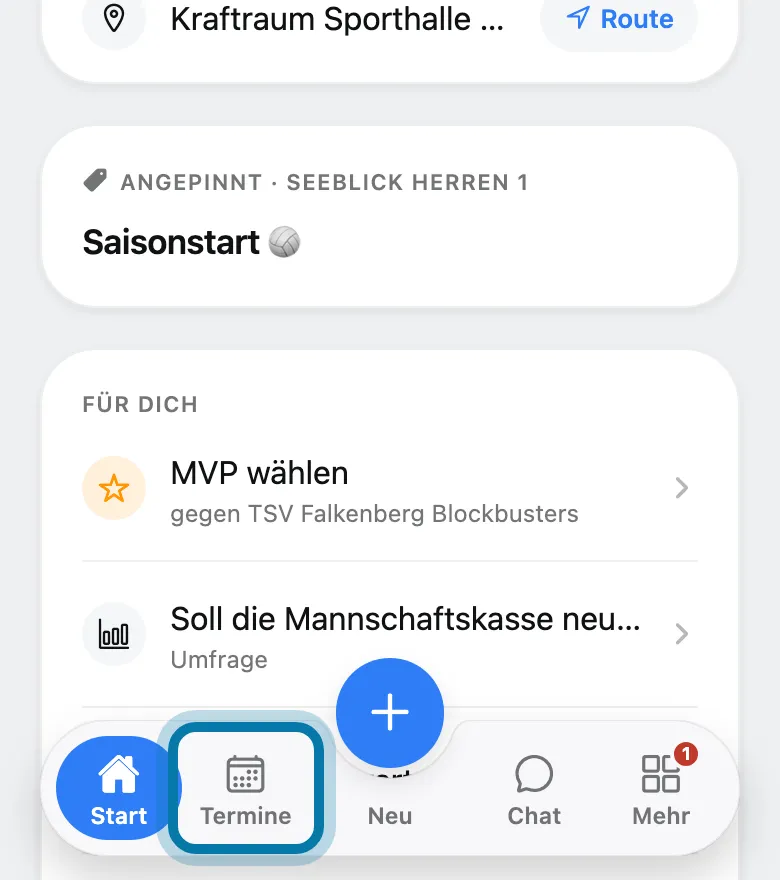 Tippe unten auf Termine.