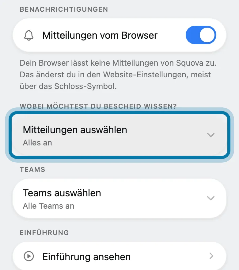Tippe unter Wobei möchtest du Bescheid wissen? auf Mitteilungen auswählen.