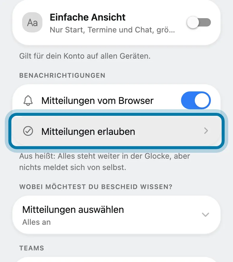 Tippe bei Benachrichtigungen auf Mitteilungen erlauben.