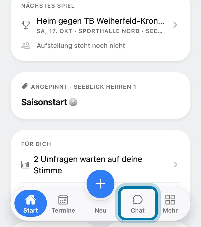 Tippe unten auf Chat.