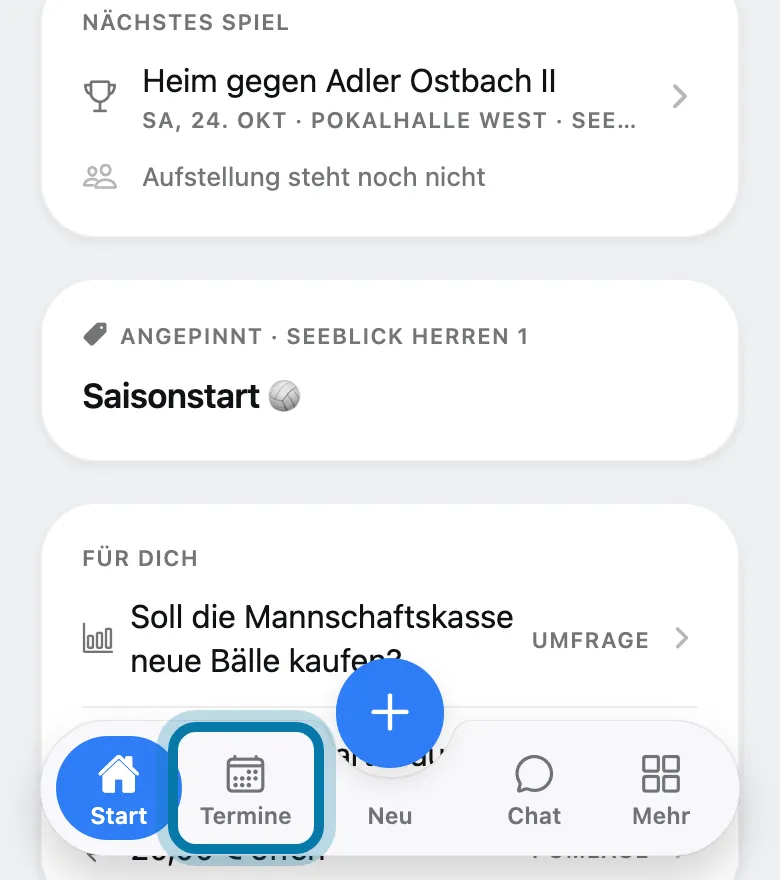 Tippe unten auf Termine.