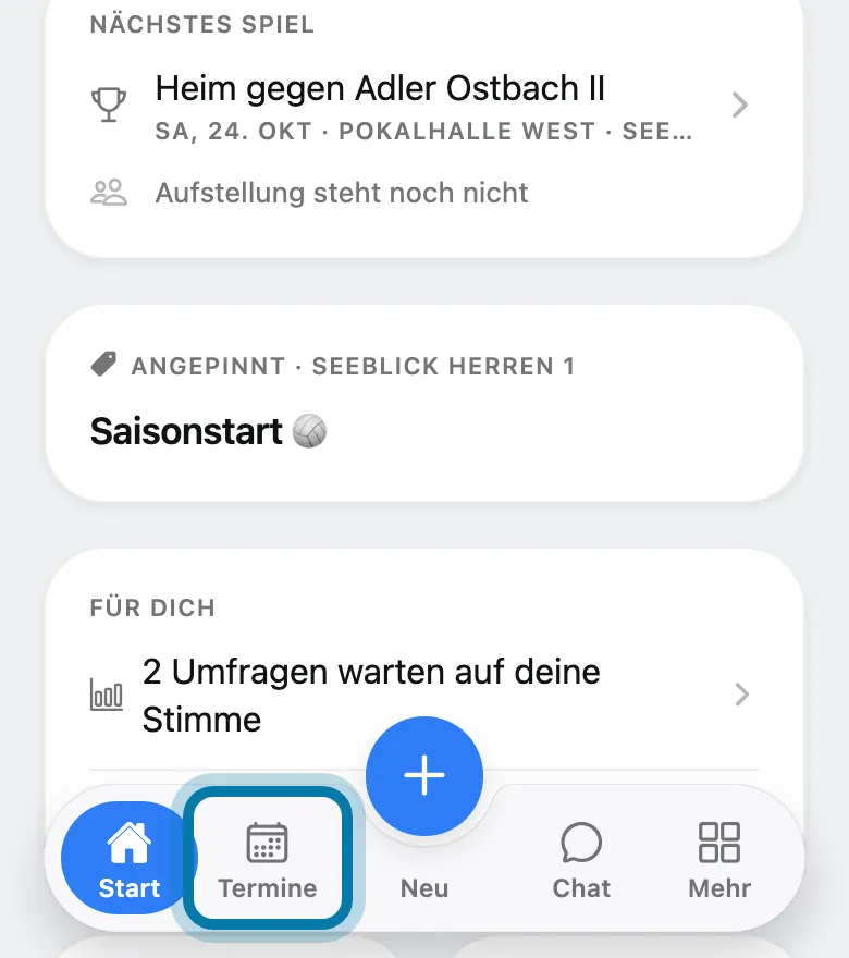 Tippe unten auf Termine.