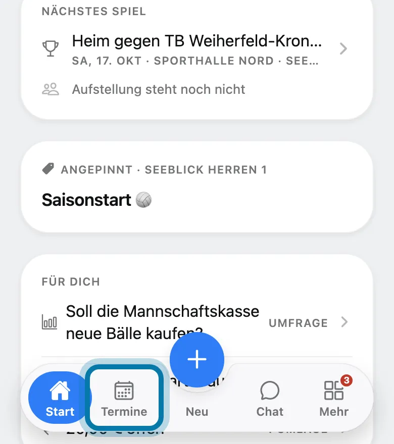 Tippe unten auf Termine.