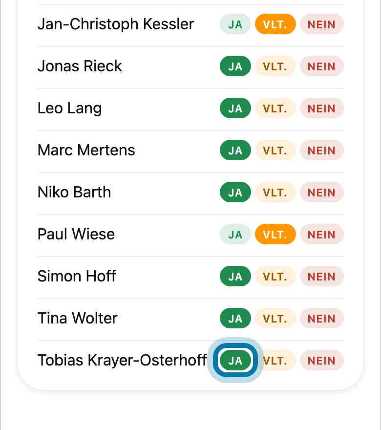 Tippe bei der Person auf Ja, Vlt. oder Nein.