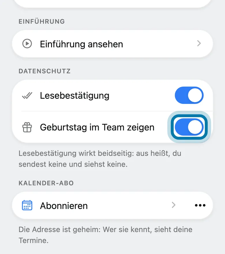 Schalte unter Datenschutz den Schalter Geburtstag im Team zeigen ein oder aus.