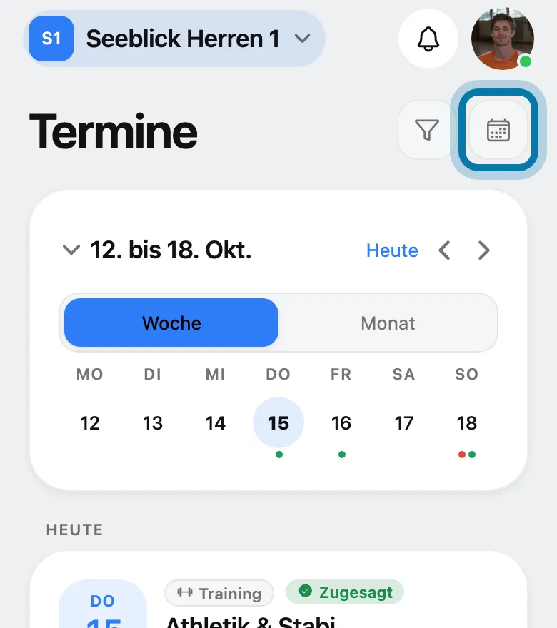 Tippe oben rechts auf das Kalender-Symbol.