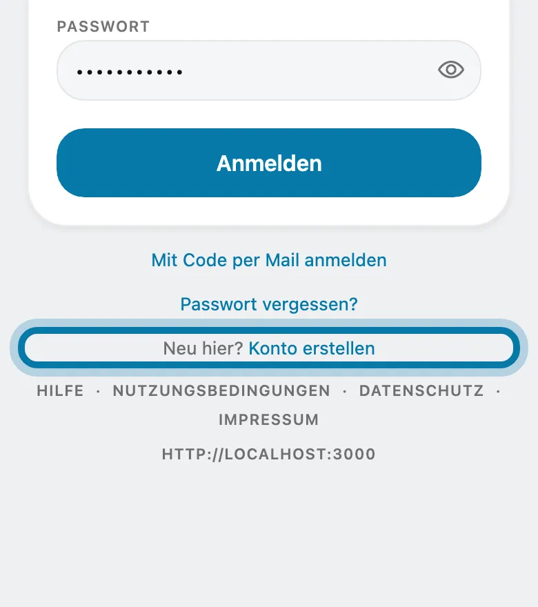 Der Anmeldebildschirm von Squova, unten der Link zum Konto-Erstellen