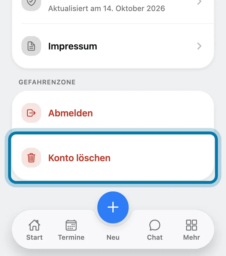 Tippe ganz unten auf Konto löschen.