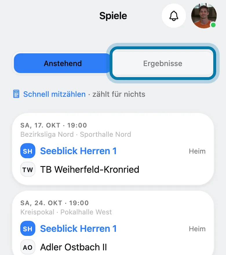 Tippe unter Mehr › Sport › Spiele & Ergebnisse oben auf Ergebnisse.