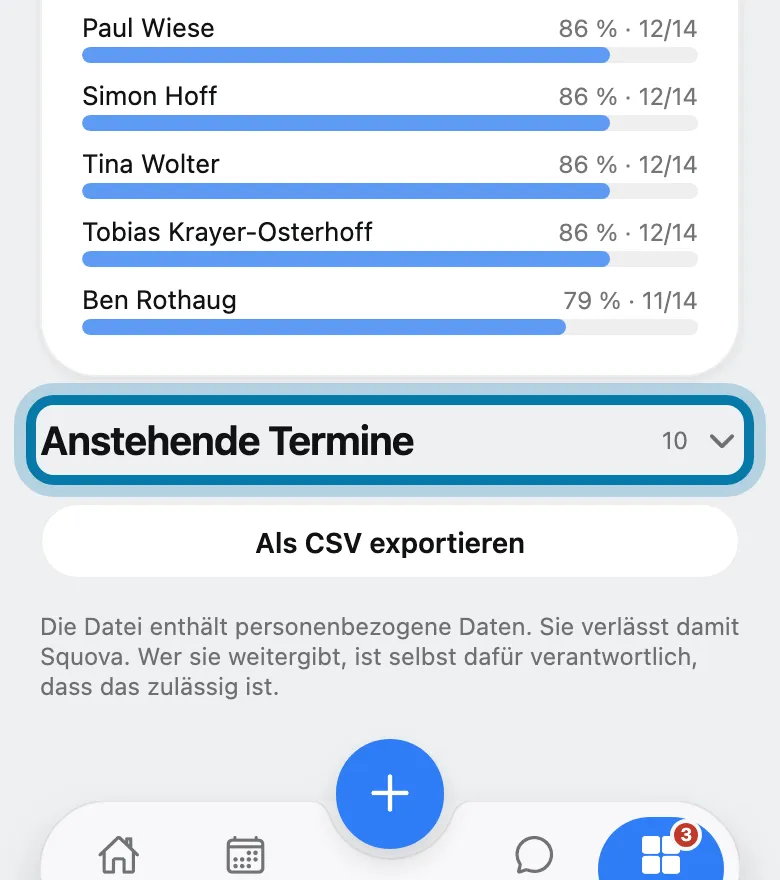 Tippe unten auf Anstehende Termine.