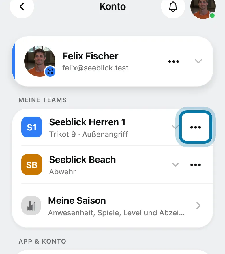 Tippe unter Meine Teams neben deinem Team auf ⋯.