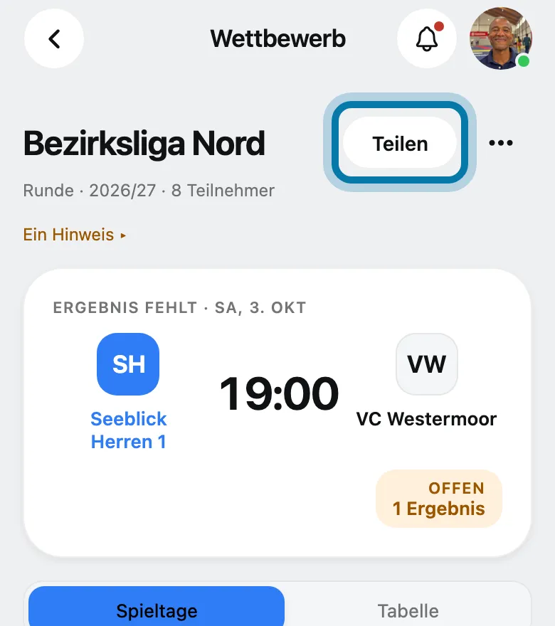 Tippe oben auf Teilen.