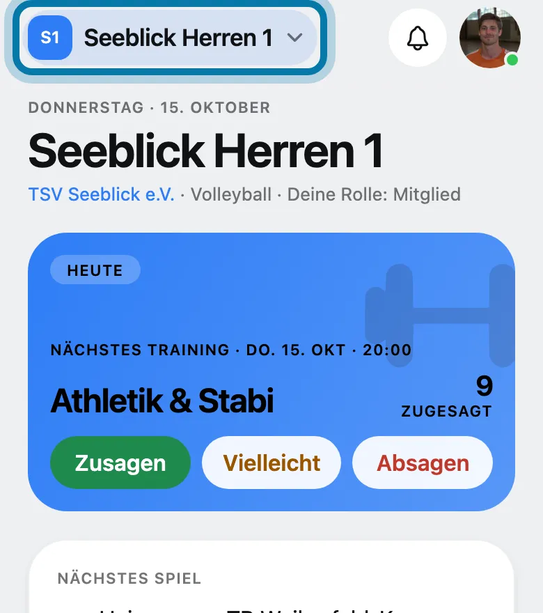 Tippe oben links auf den Namen deines Teams.