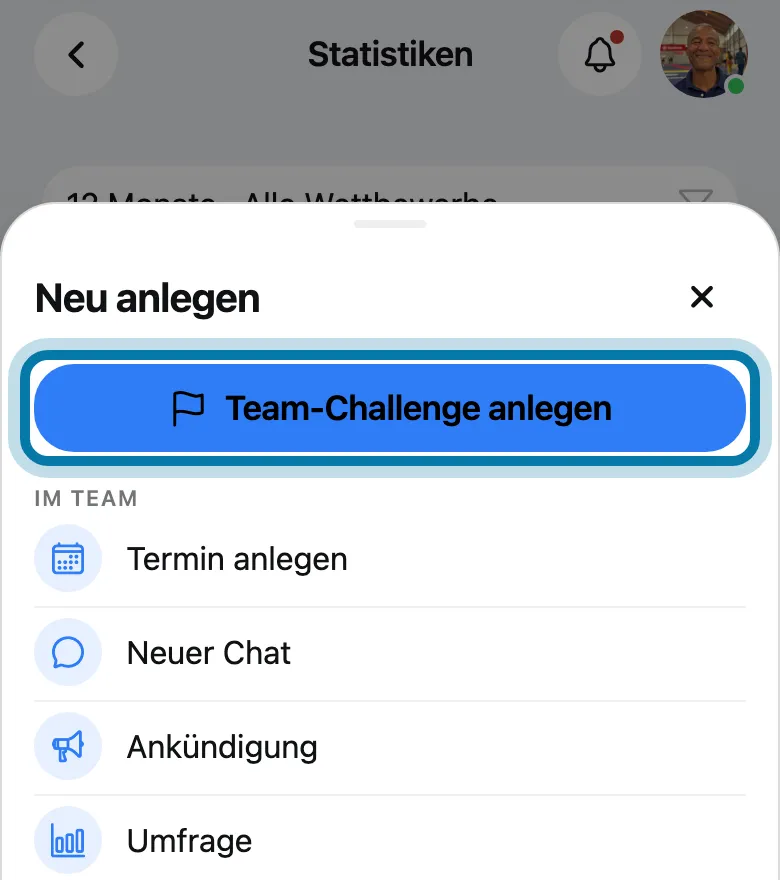 Tippe auf Team-Challenge anlegen.
