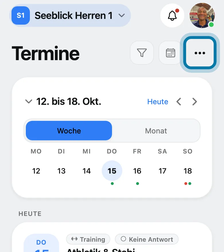 Öffne Termine und tippe oben auf ⋯.