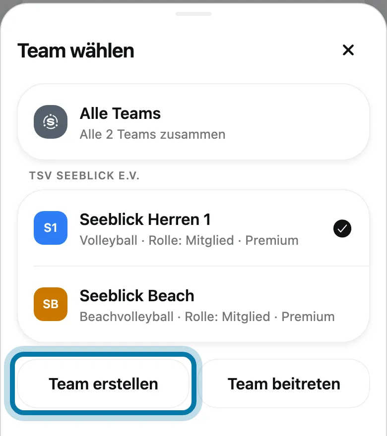 Tippe auf Team erstellen.