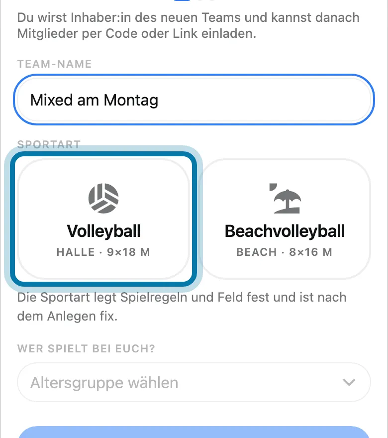 Wähle die Sportart, etwa Volleyball.