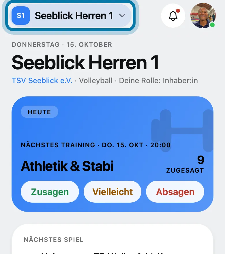 Tippe oben links auf den Namen deines Teams.