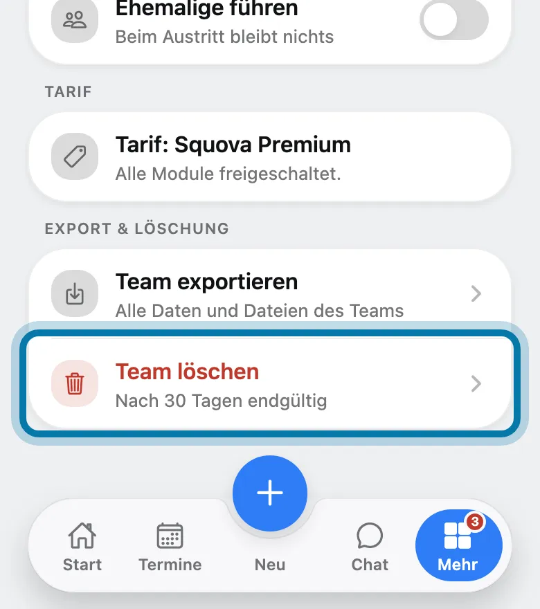 Tippe ganz unten auf Team löschen.