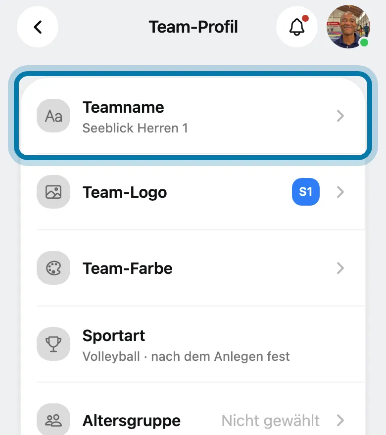 Tippe auf Teamname.
