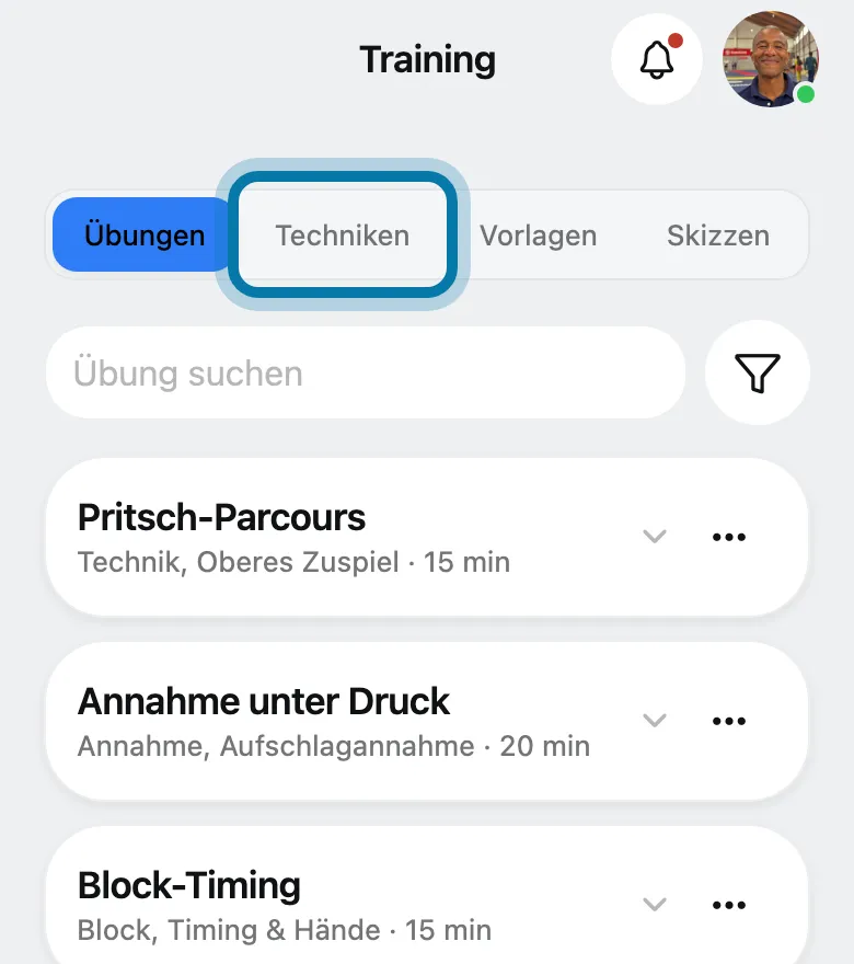 Öffne unter Mehr › Sport › Training oben den Teil Techniken.
