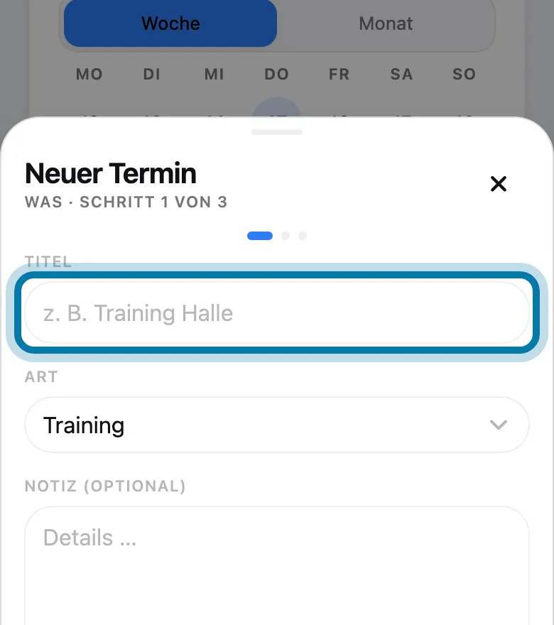 Gib einen Titel ein, etwa „Training Halle“.