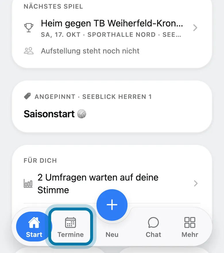 Tippe unten auf Termine.