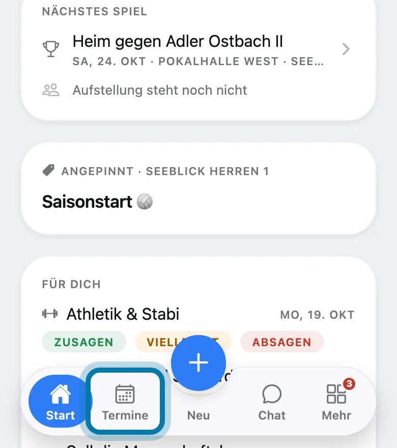 Tippe unten auf Termine.