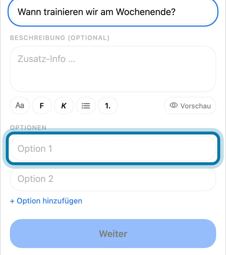 Trag darunter mindestens zwei Antworten ein.