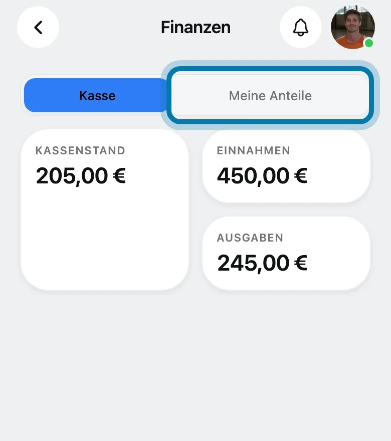 Tippe oben auf Meine Anteile.