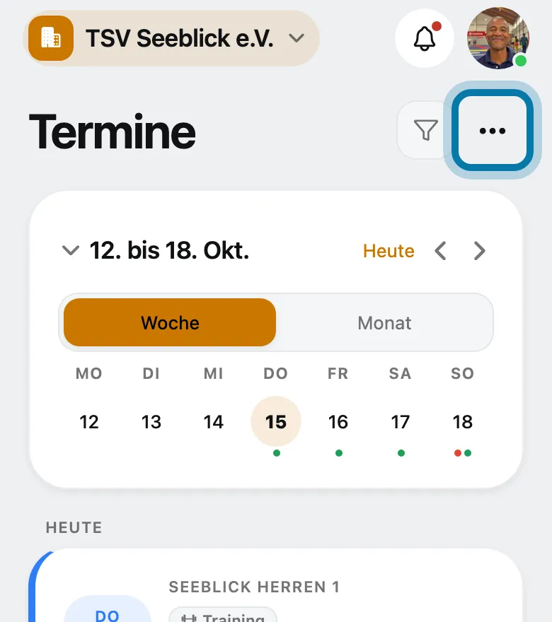 Öffne Termine und tippe oben auf ⋯.