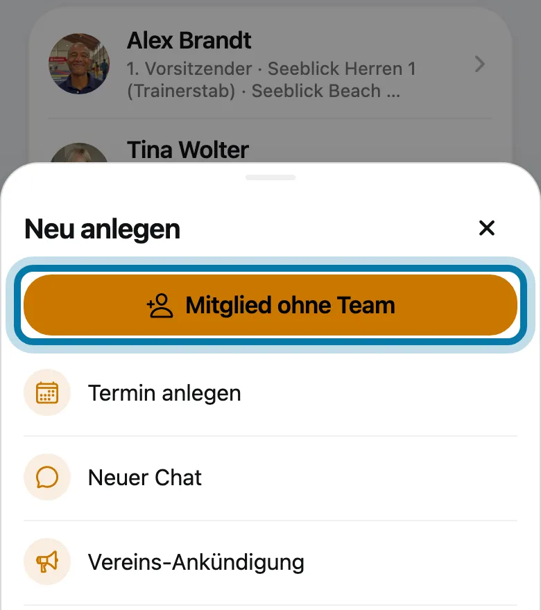 Tippe auf Mitglied ohne Team.