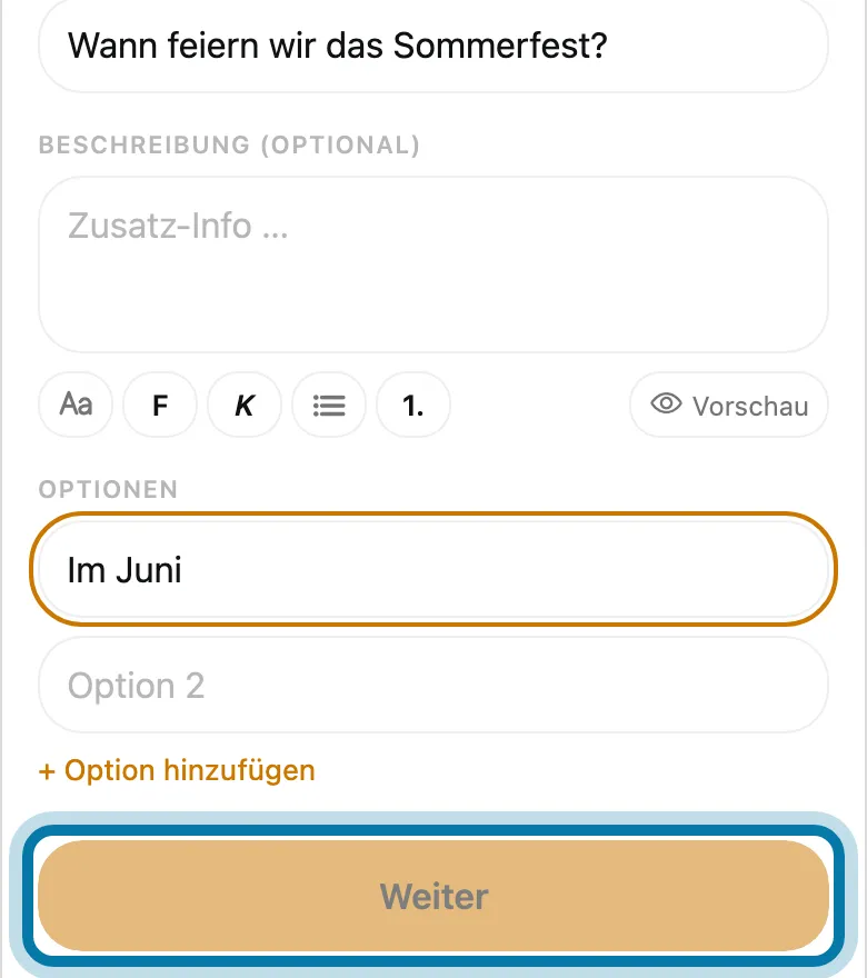 Tippe auf Weiter.