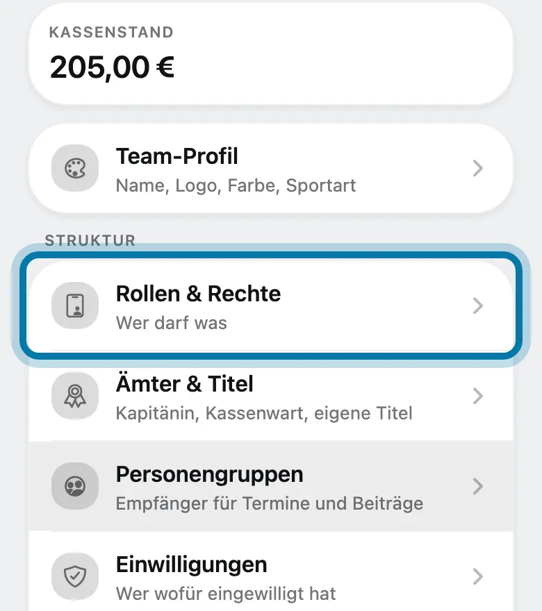 Tippe auf Rollen & Rechte.