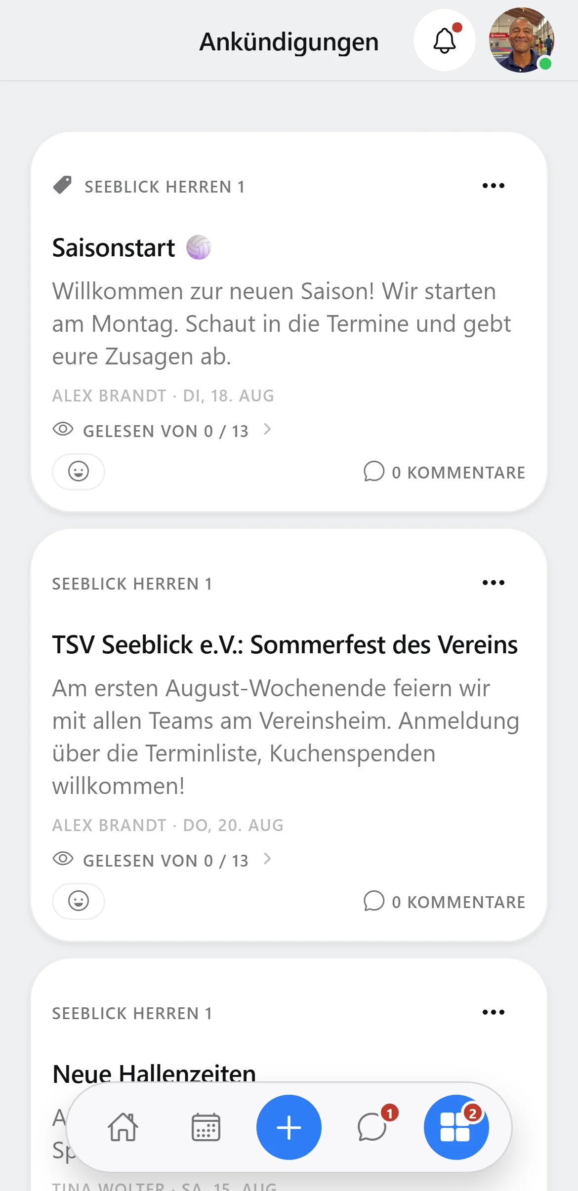 Ankündigungs-Liste in Squova auf dem Handy mit angeheftetem Beitrag und Lesestatus
