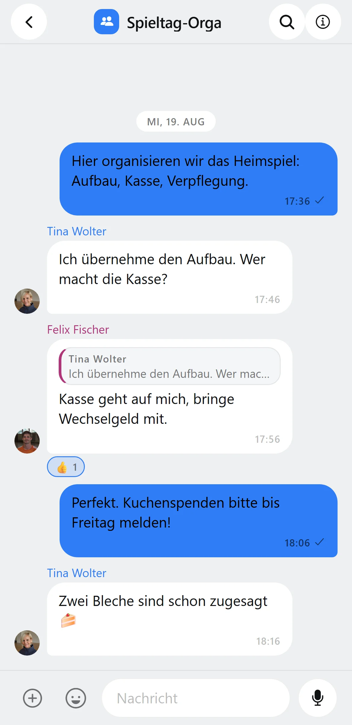 Gruppen-Unterhaltung in Squova mit Antworten und Reaktionen