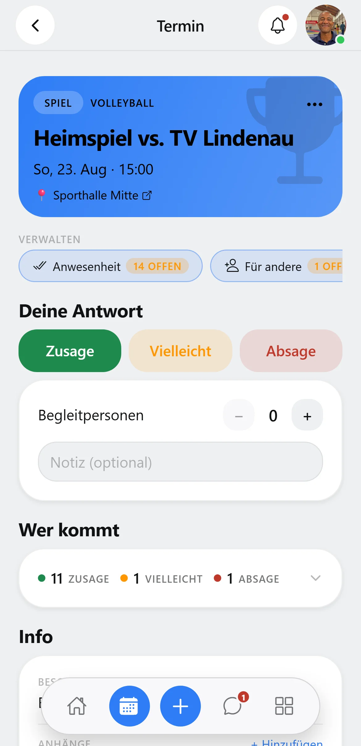 Squova: die Anwesenheit eines Termins wird geöffnet und erfasst