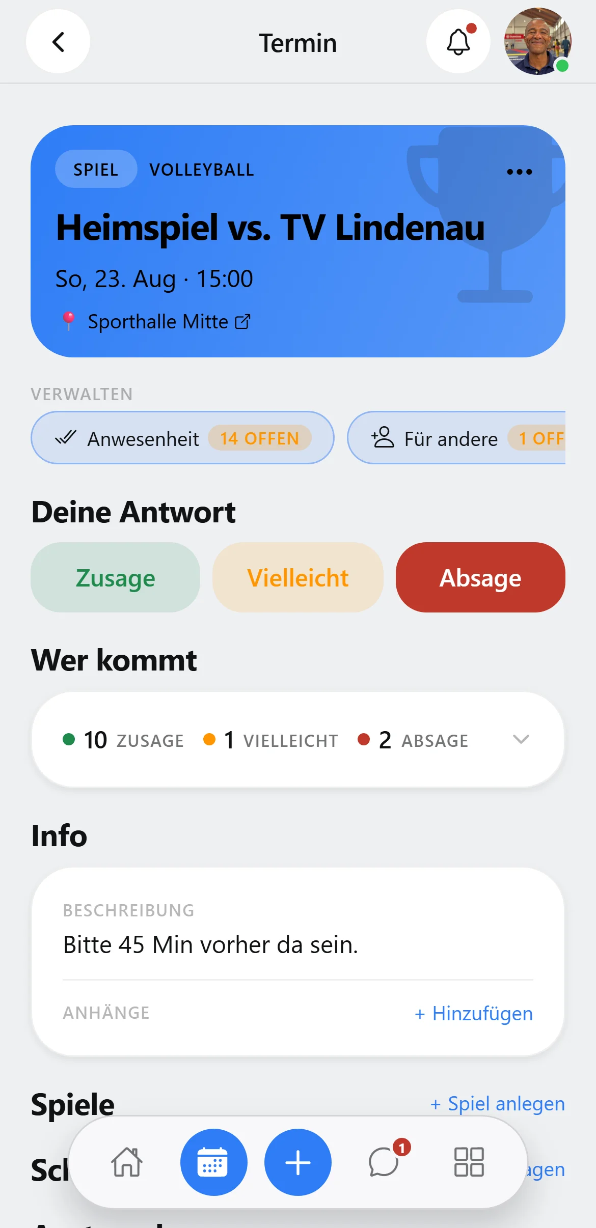 Squova auf dem Handy: eine Zusage wird mit einem Tipp gesetzt, der Zähler springt mit