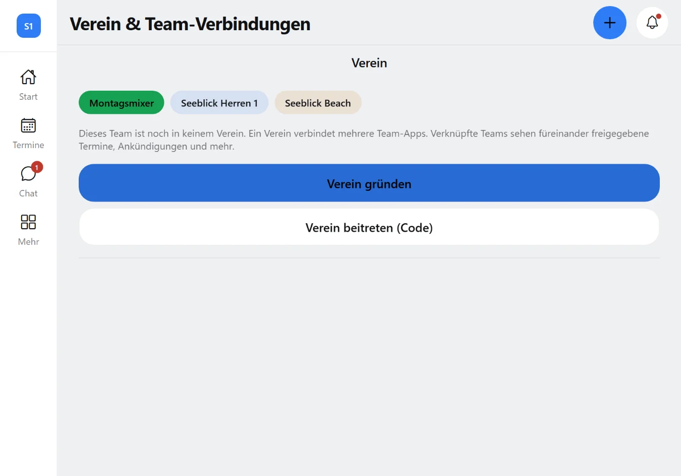 Squova: der Wechsel zwischen zwei Teams desselben Vereins, mit Vereins-Code und Verbindungen