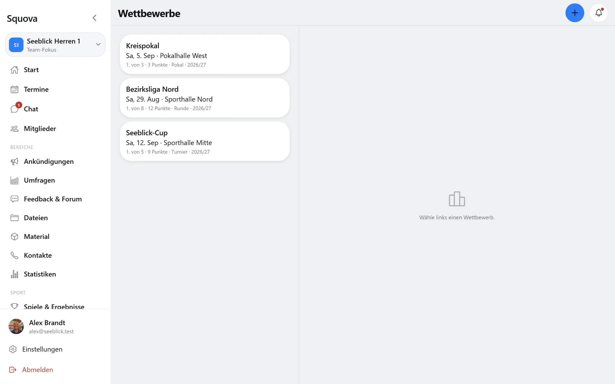 Squova: ein Wettbewerb wird geöffnet, der Spielplan erscheint nach Spieltagen gruppiert