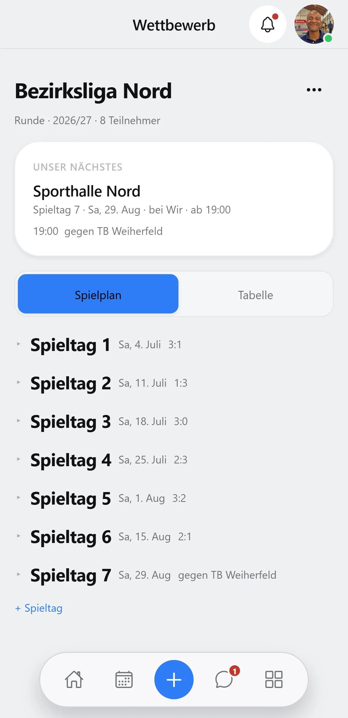 Squova: Umschalten vom Spielplan auf die Tabelle mit Satzquotient und Punkten