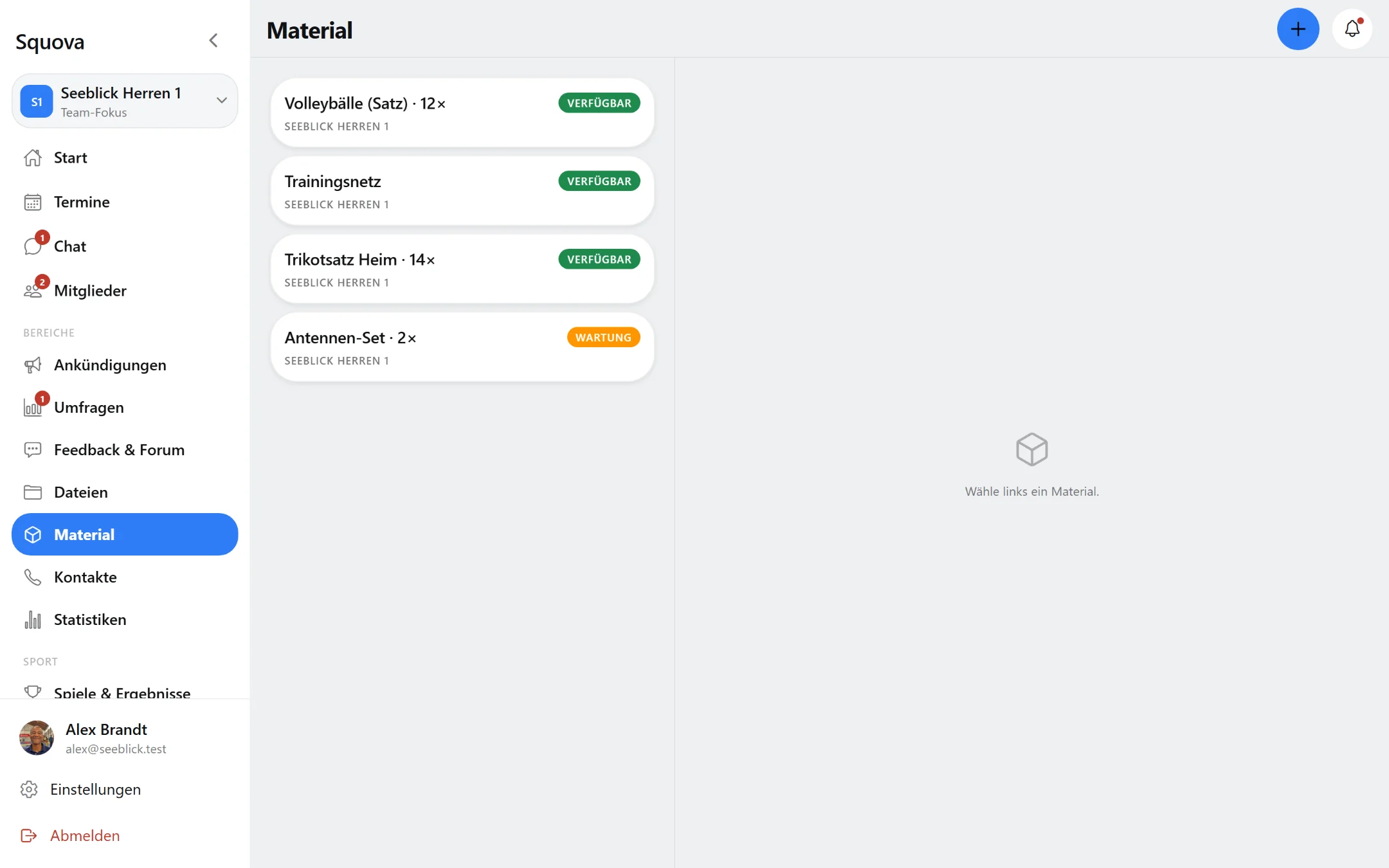 Material-Inventar in Squova mit Bällen, Netzen und Trikotsätzen samt Zustand