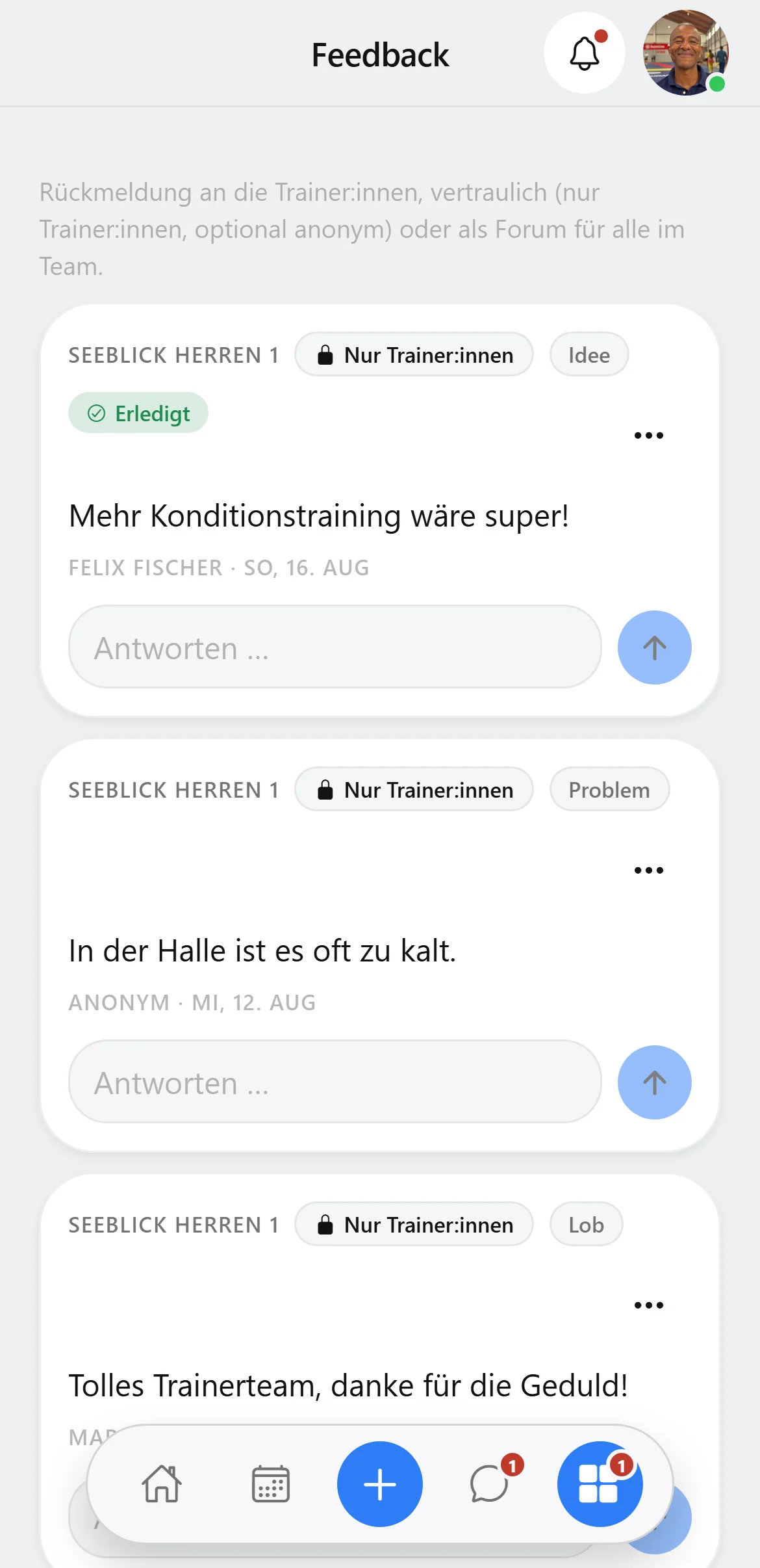Feedback & Forum in Squova auf dem Handy mit Beiträgen, Kategorie und Status
