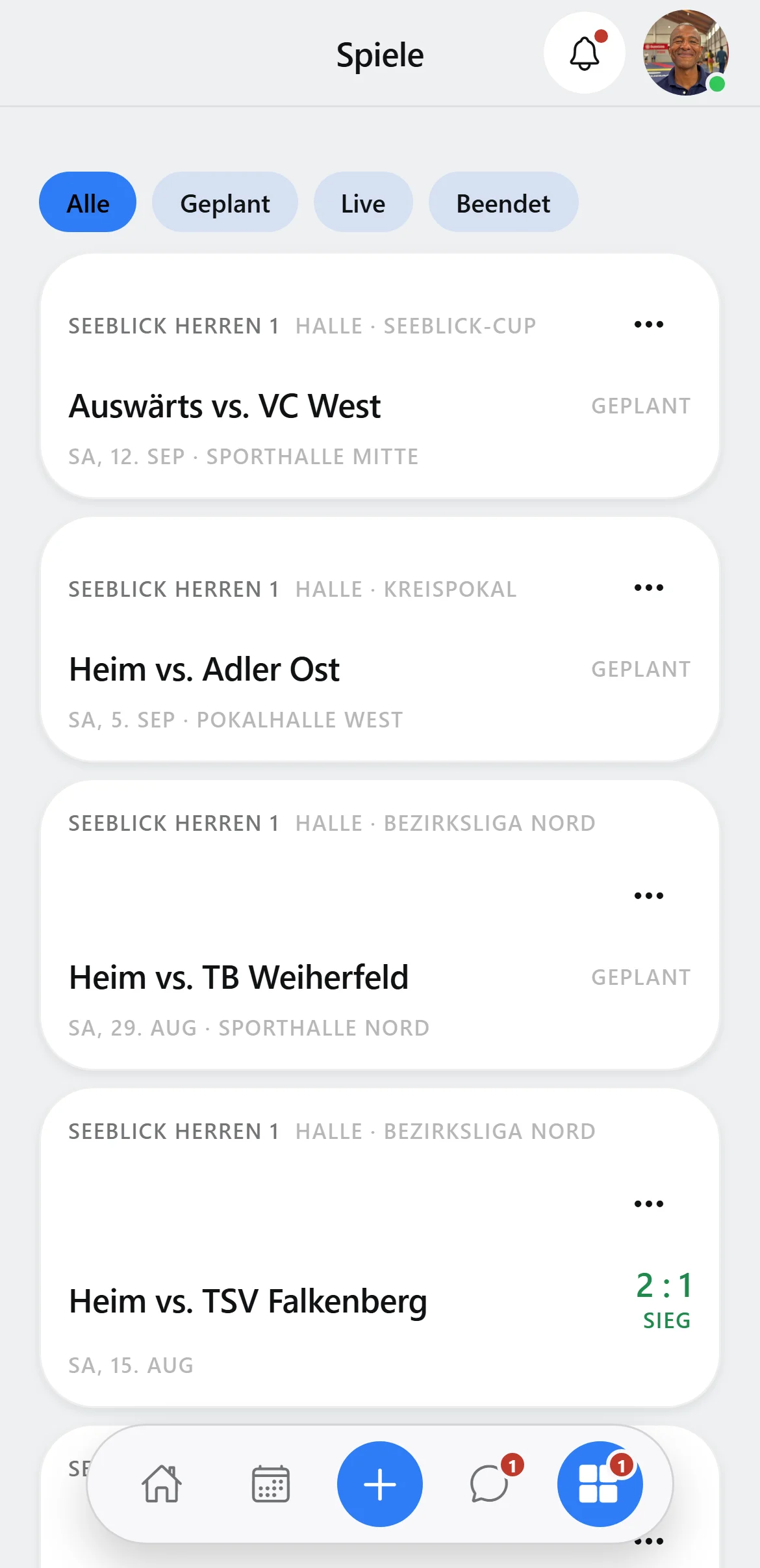 Spieleliste in Squova auf dem Handy mit geplanten, laufenden und beendeten Spielen