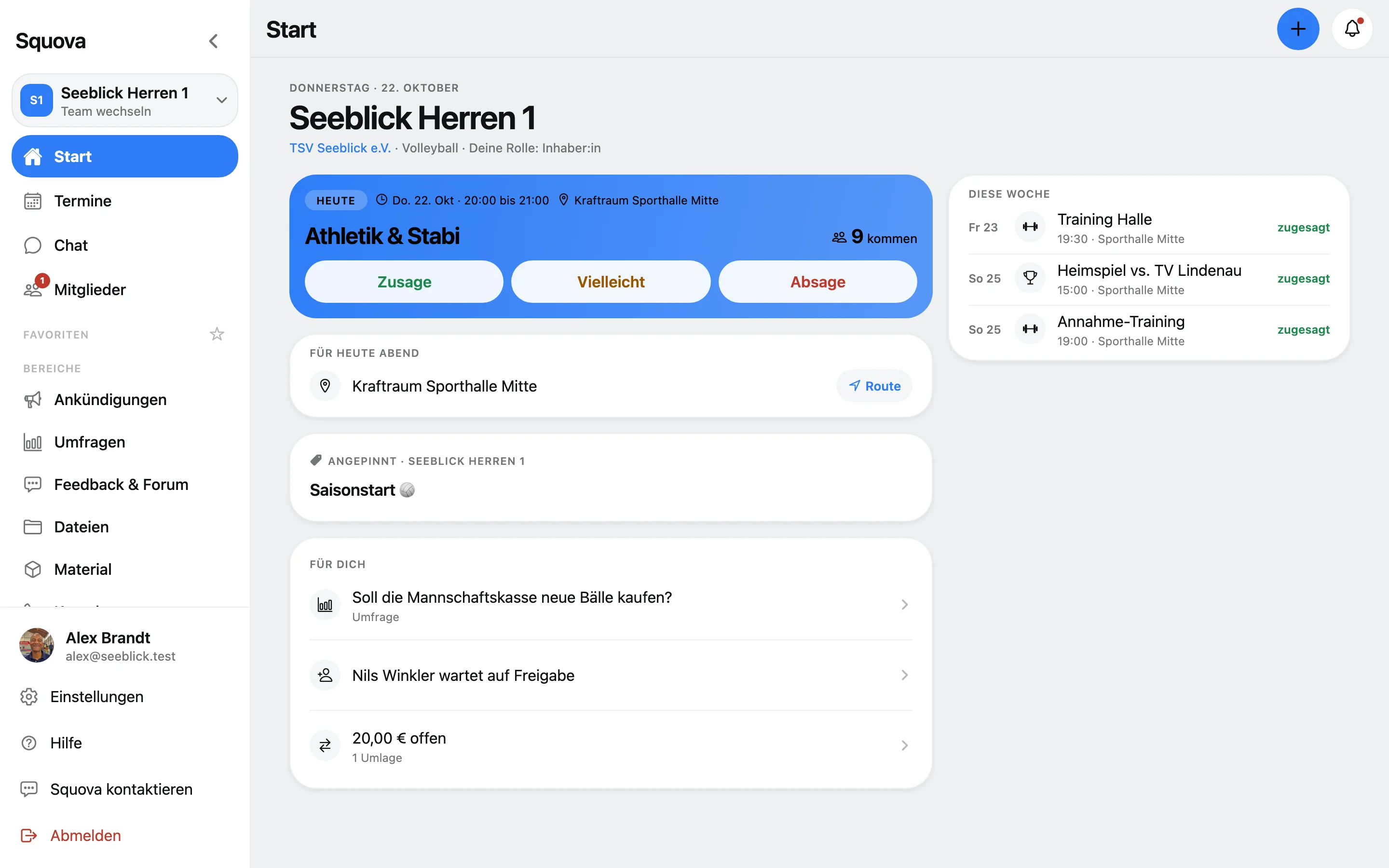 Squova im Browser: dieselbe Startseite mit voller Seitenleiste und der Woche daneben.