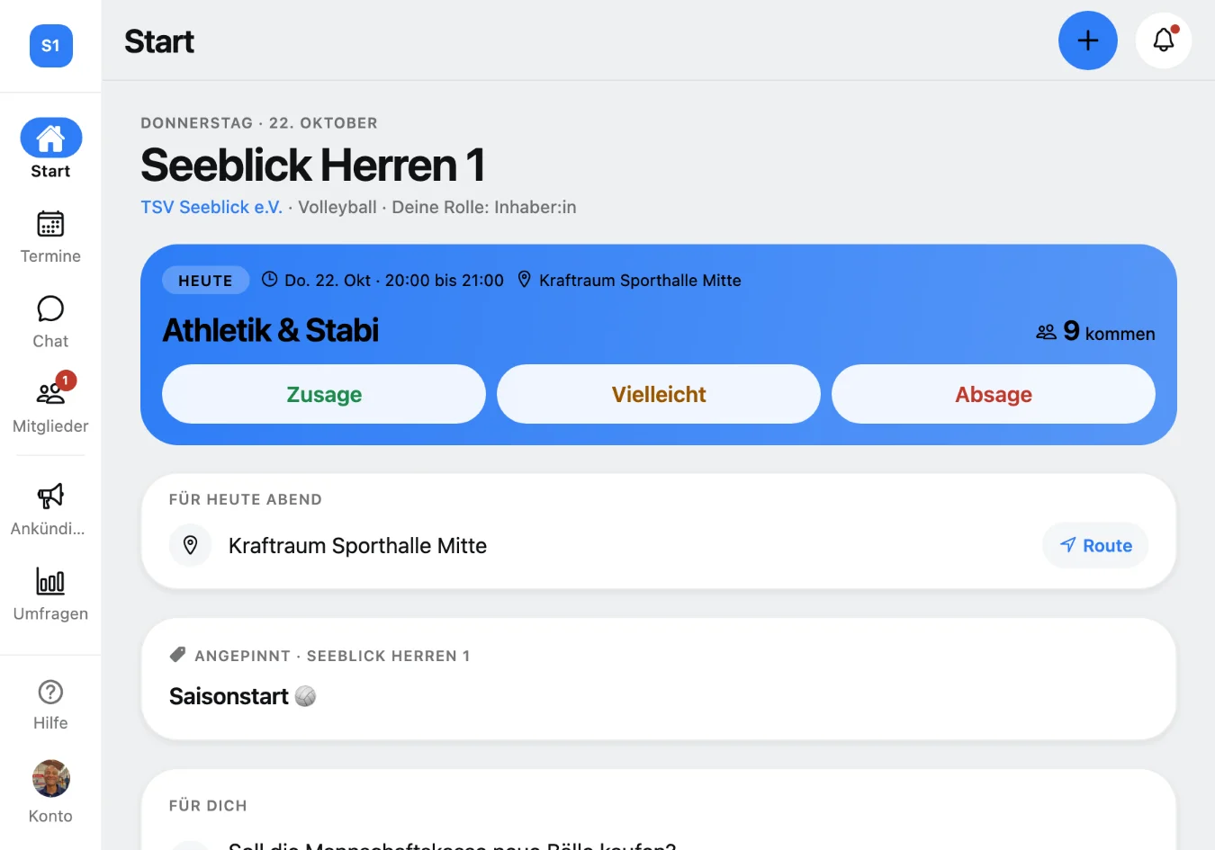Squova auf dem Tablet: die Startseite mit dem Termin, der gerade ansteht, und der Woche darunter.