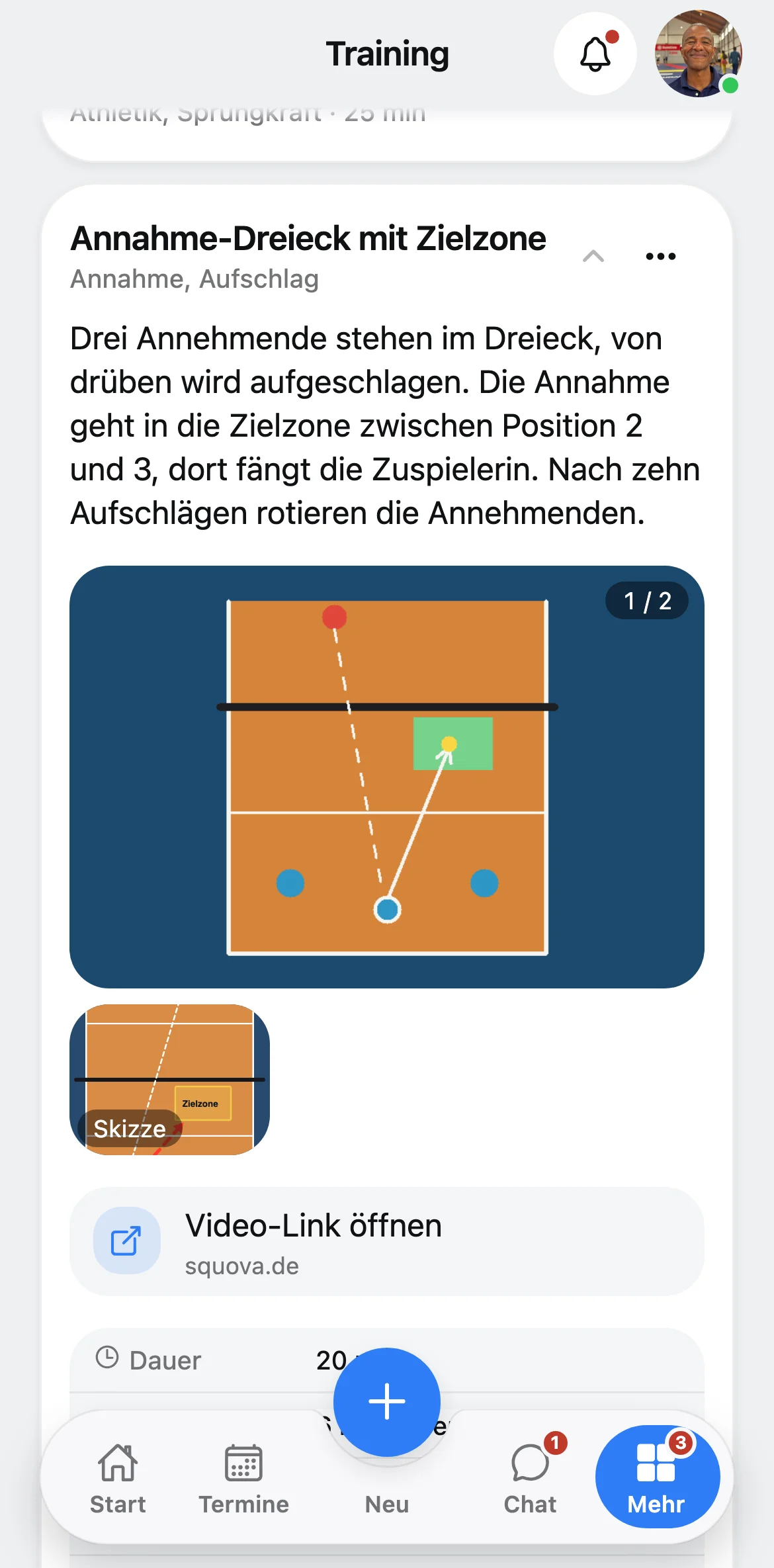 Squova auf dem Handy: eine Übung aufgeklappt mit Skizze, Eckdaten und Stufen