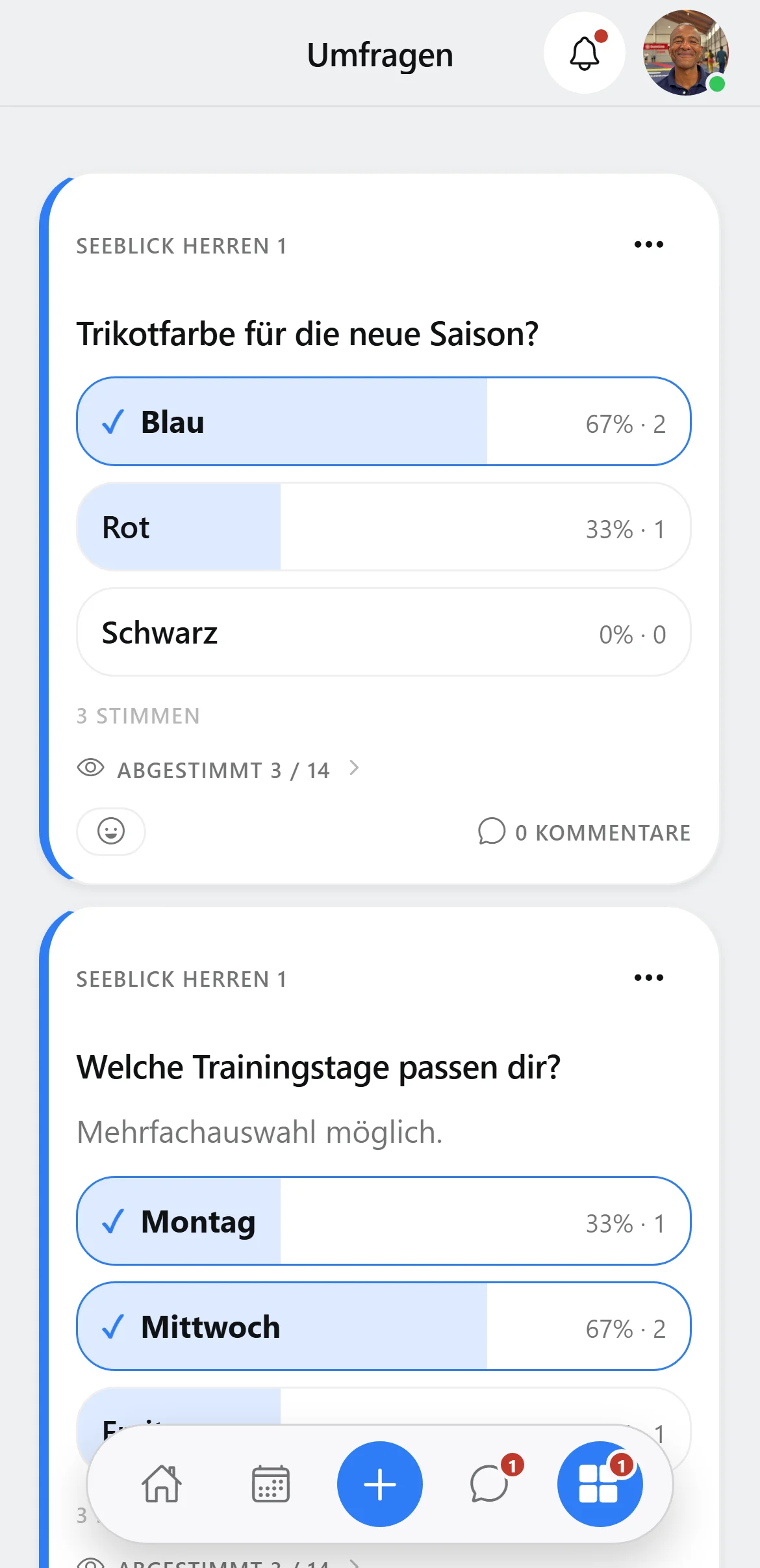 Umfragen-Liste in Squova auf dem Handy mit laufender Abstimmung und Ergebnisbalken